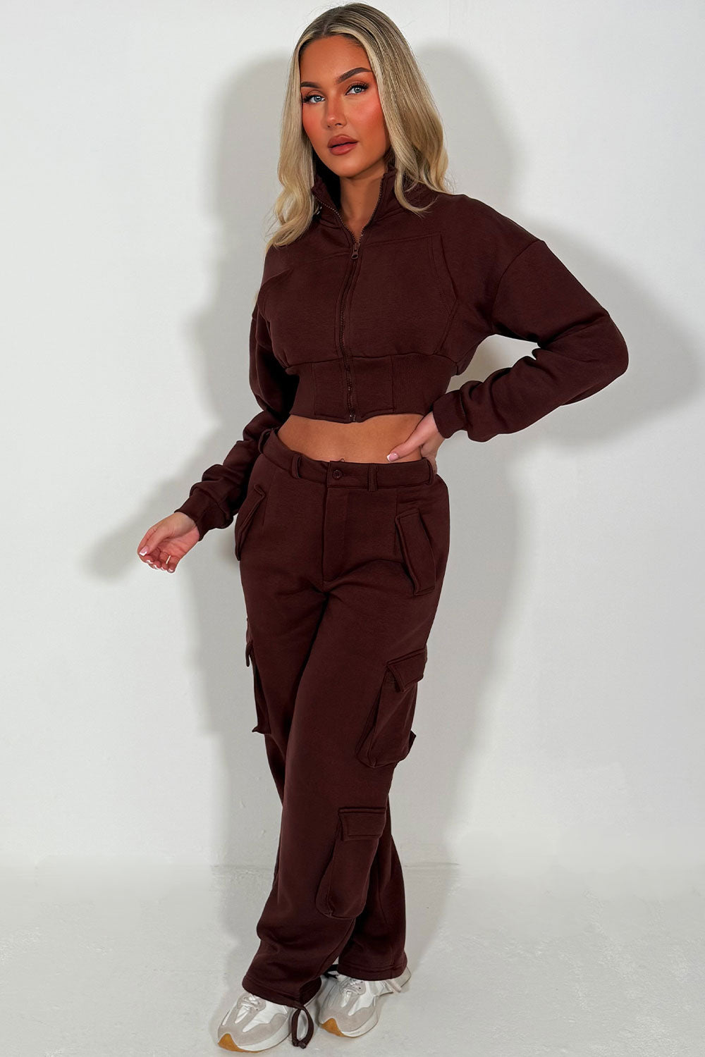 womens cargo joggers and zip through crop sweatshirt two piece loungewear co ord set styledup