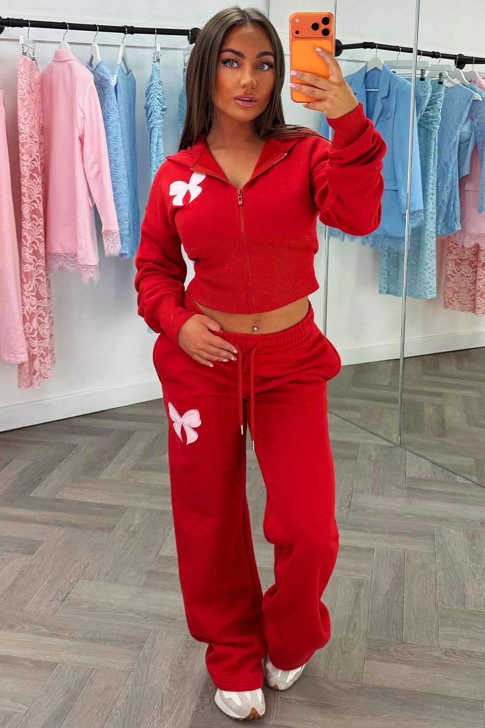 womens joggers and crop corset hoodie everyday tracksuit set with contrast bow embroidery styledup fashion uk