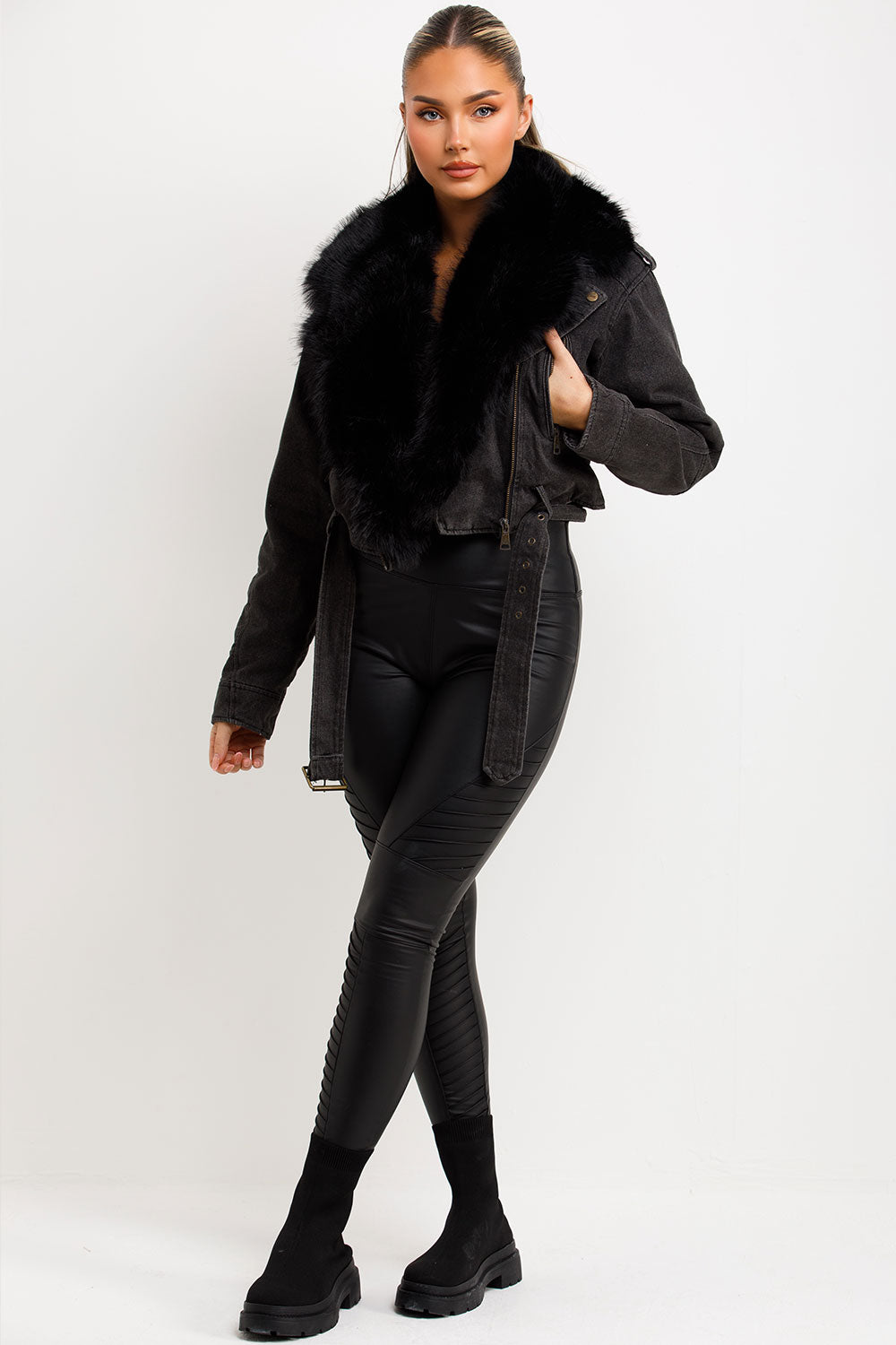 black faux fur collar denim aviator jacket styledup
