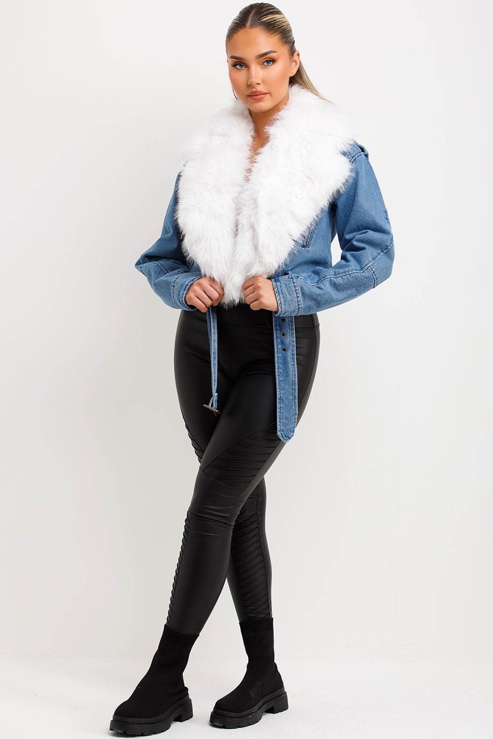 womens denim aviator jacket with faux fur collar styledup