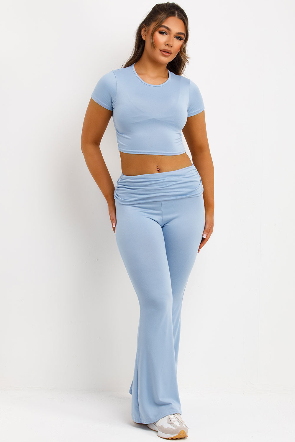 fold detail flare trousers and crop top two piece co ord set casual summer clothes womens