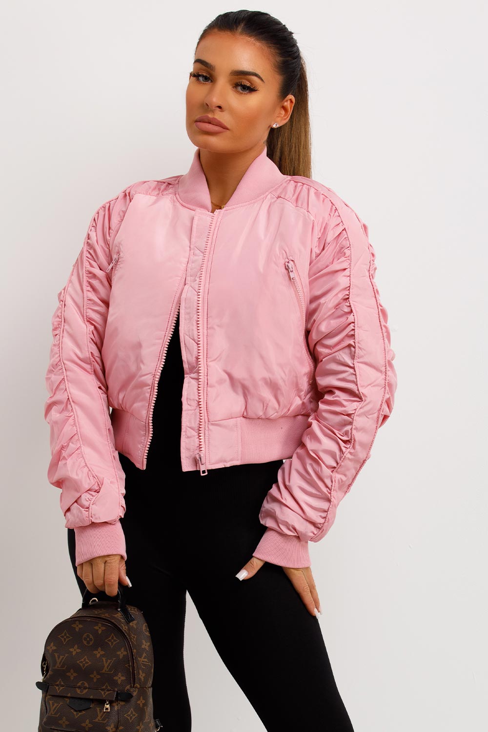 bomber jacket with ruched sleeves zara womens