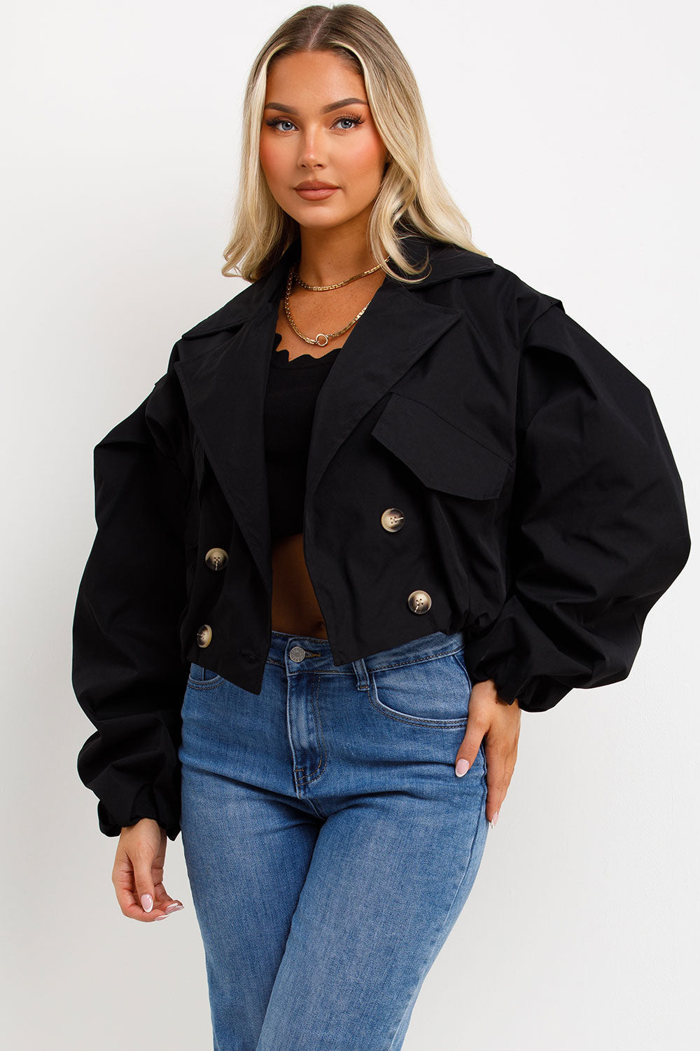 womens double breasted cropped trench jacket uk sale