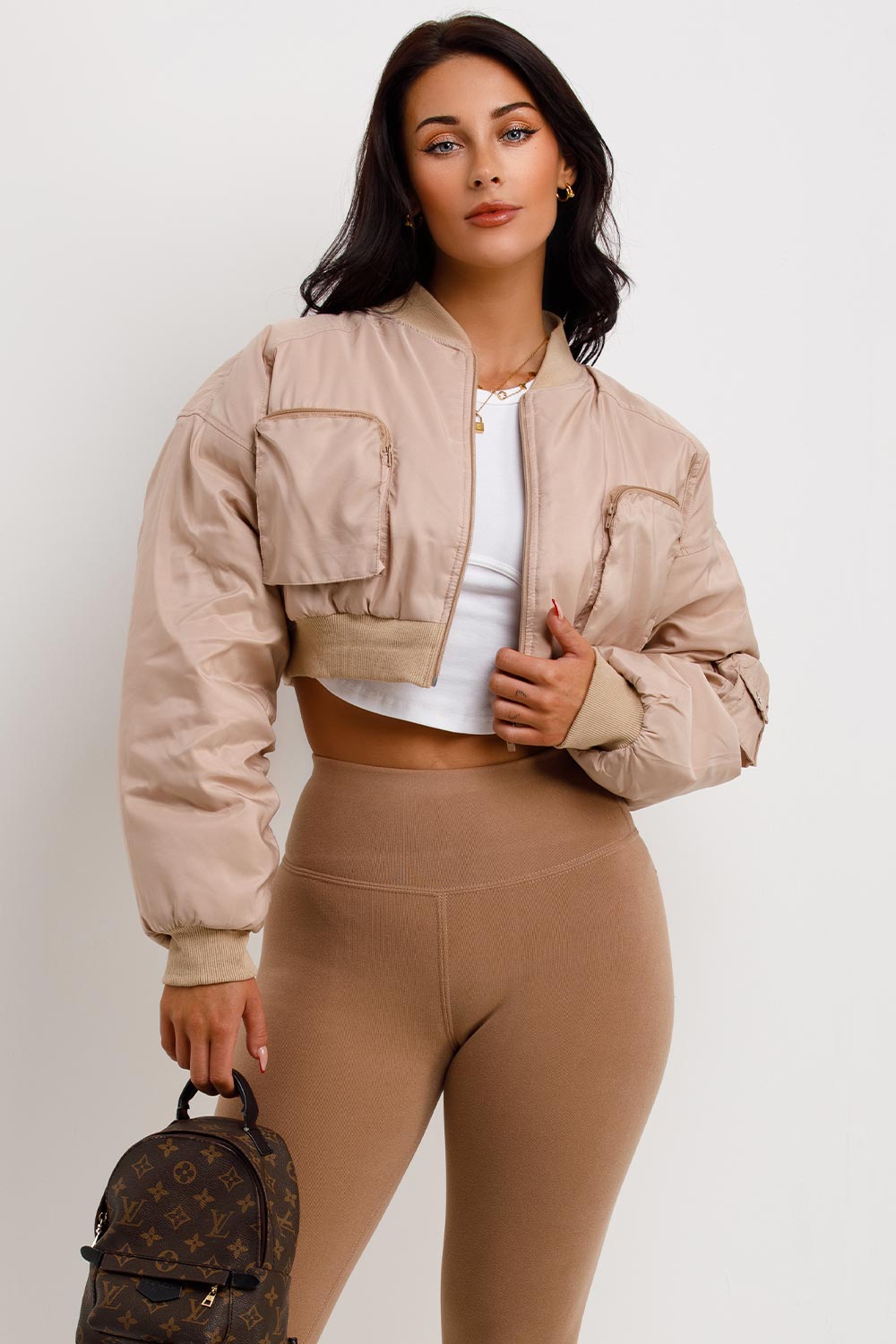 womens crop bomber jacket with utility pockets