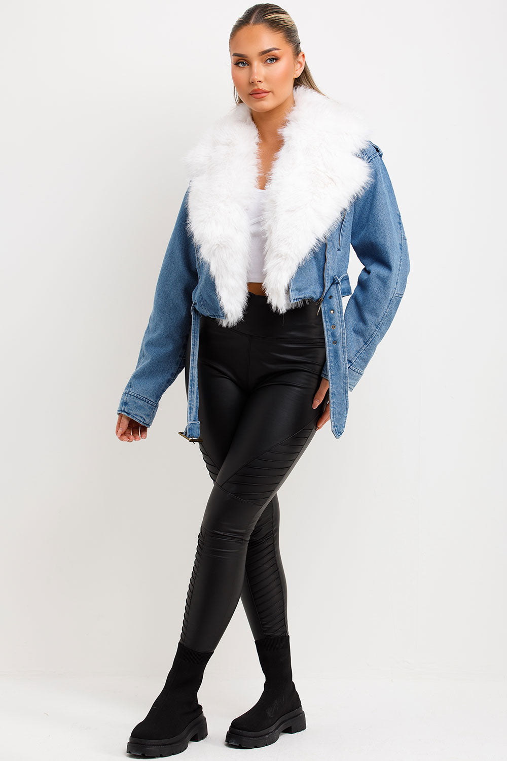 styledup faux fur denim aviator jacket denim blue