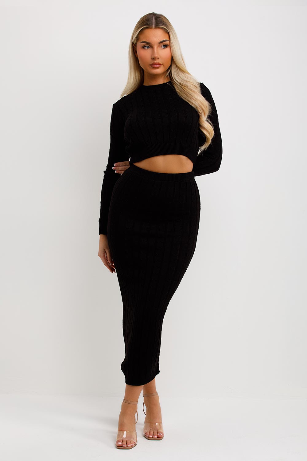 womens knit skirt and top two piece co ord set winter going out outfit