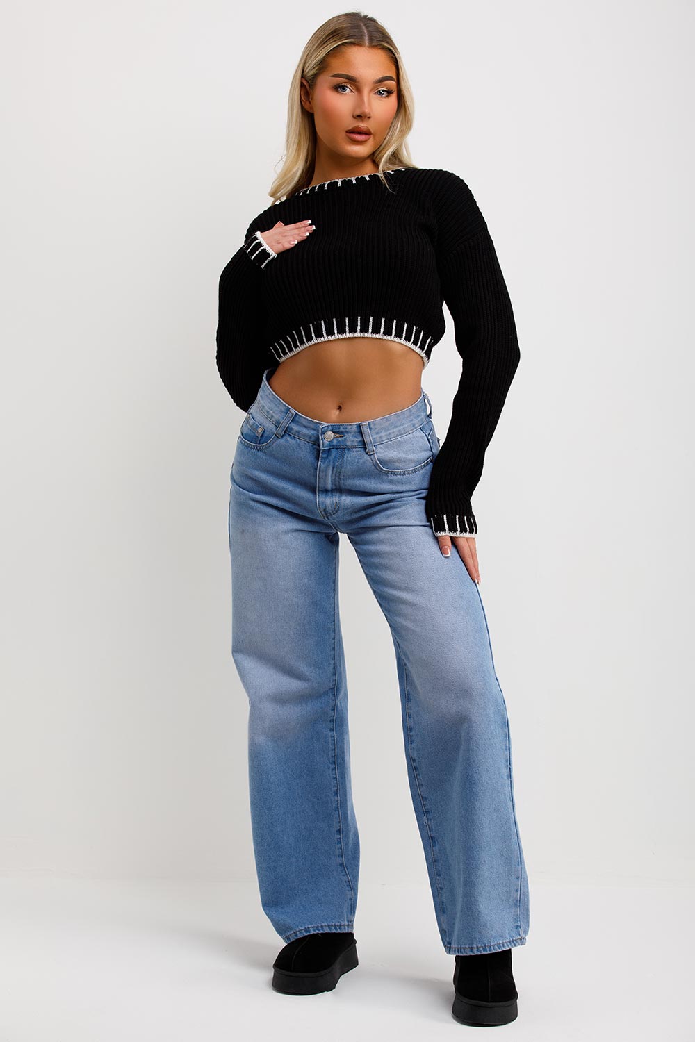 crop knitted jumper with blanket stitches