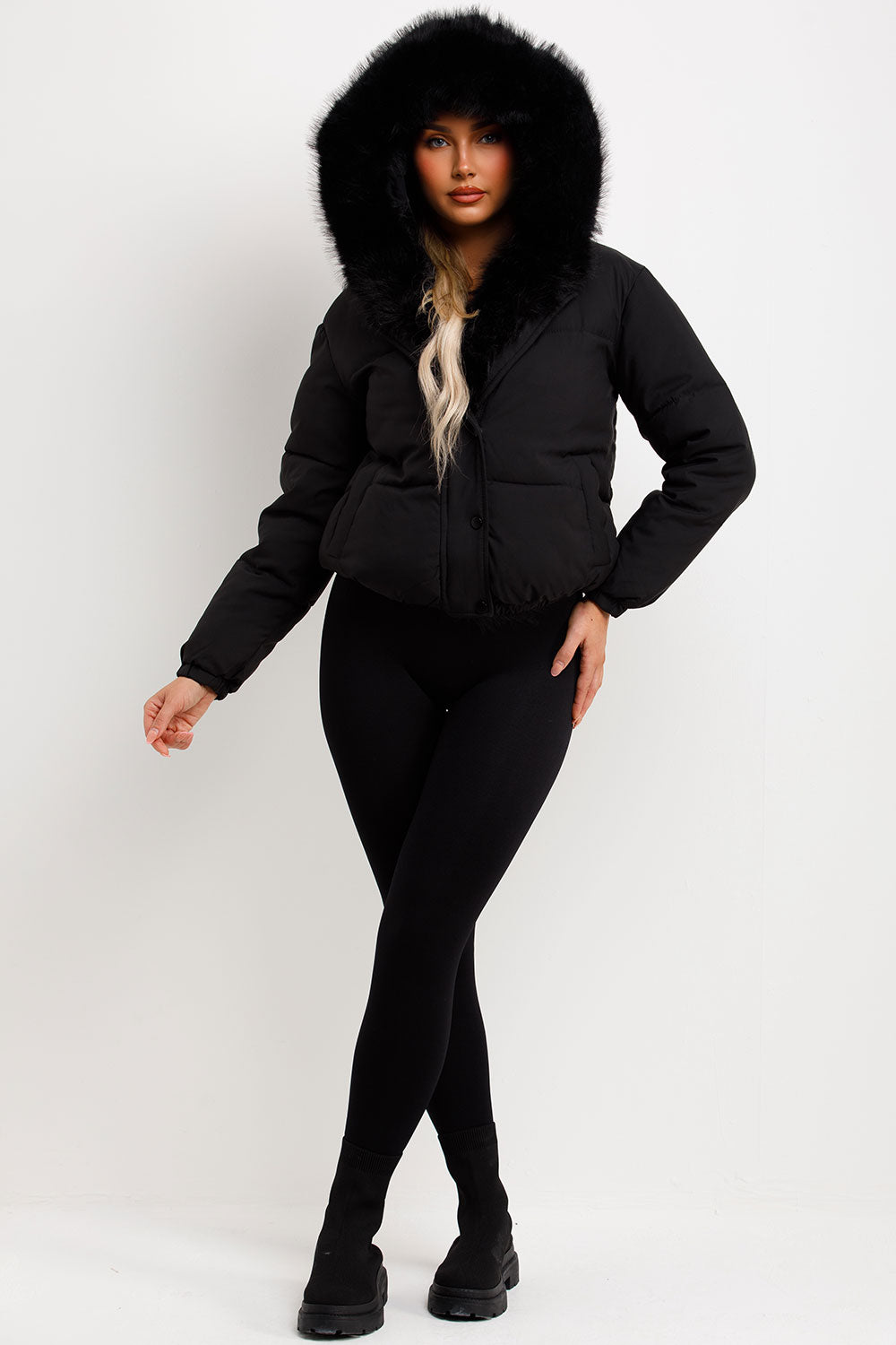 womens winter bomber jacket with fur hood and trim styledup