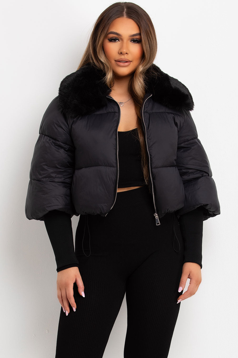 womens faux fur collar puffer jacket black styledup
