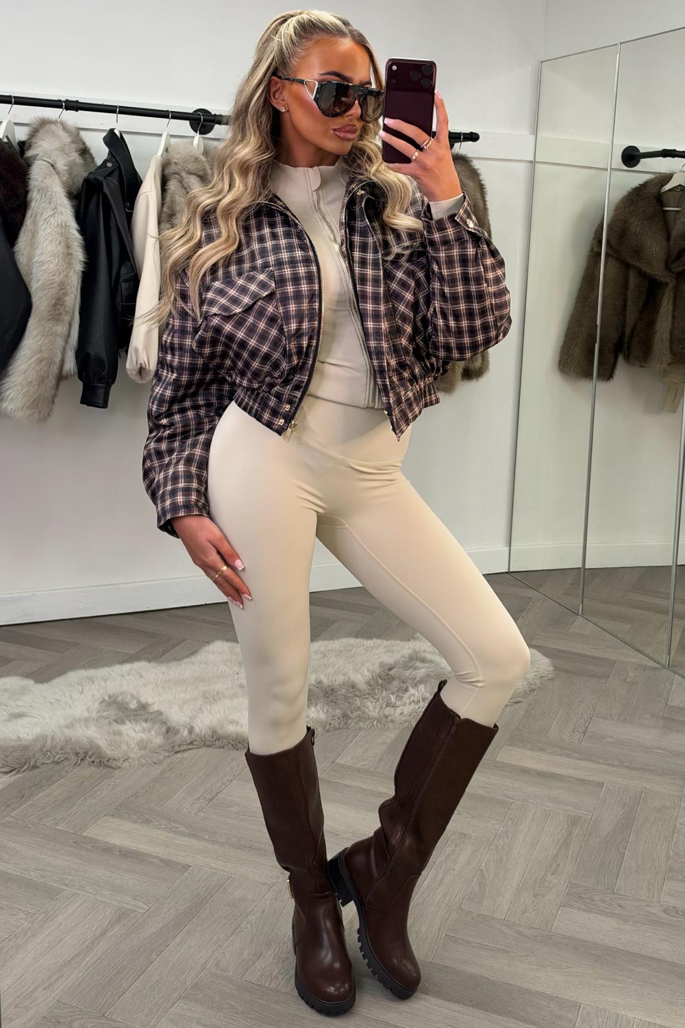 zara brown checked padded bomber jacket for winter womens uk