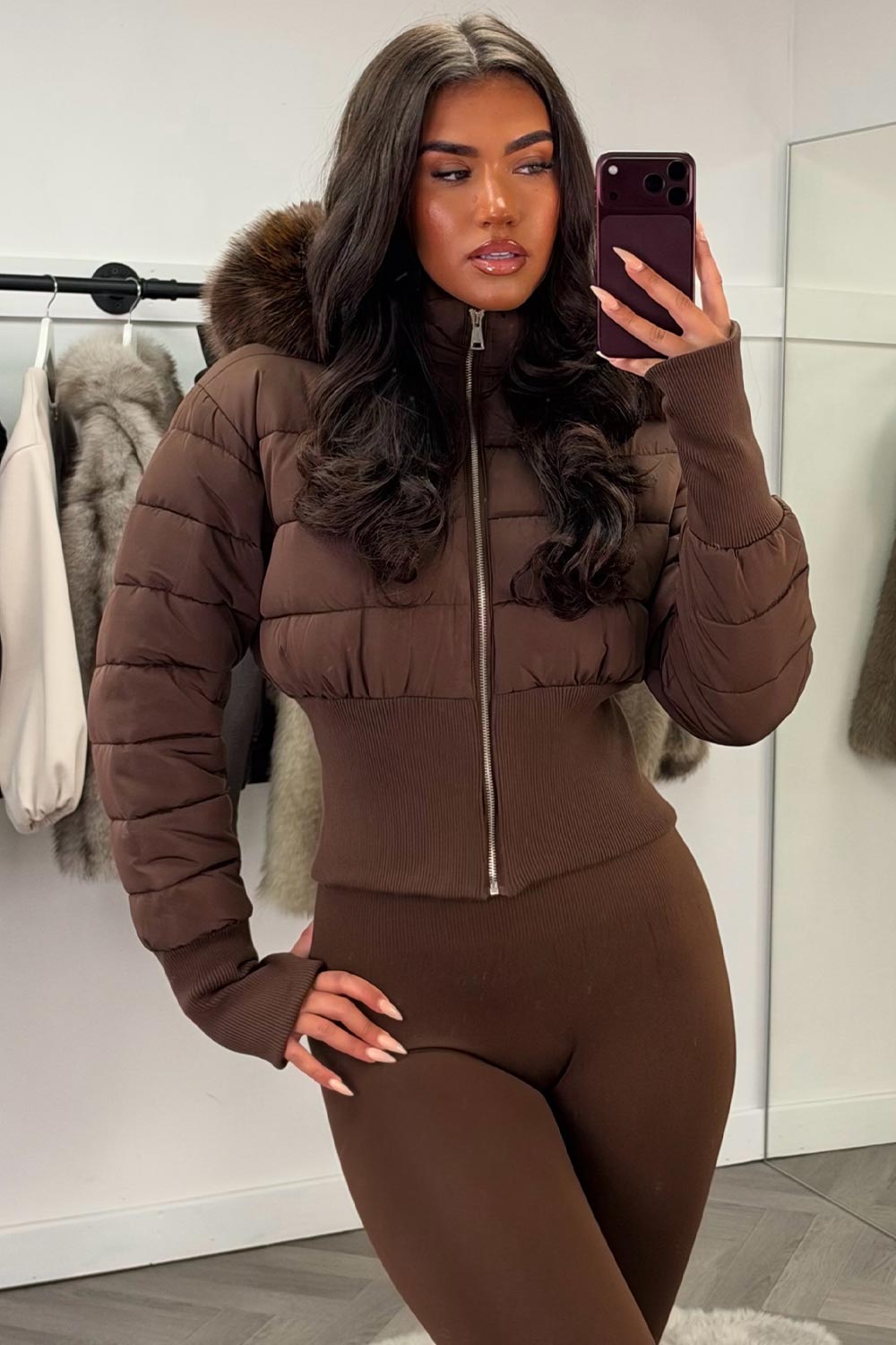 womens brown puffer padded ski jacket with fur hood styledup uk