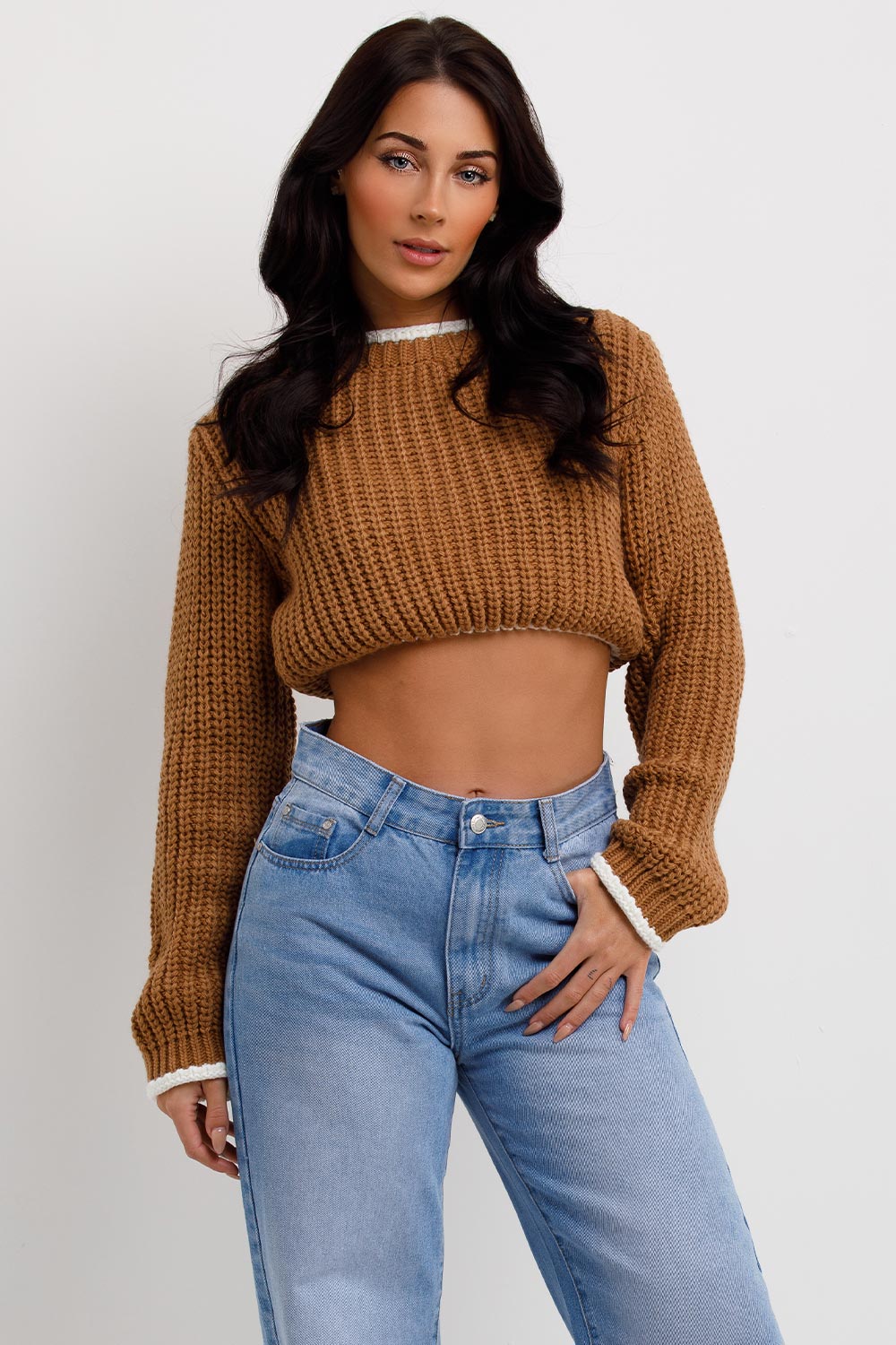 contrast edge crop long sleeve jumper