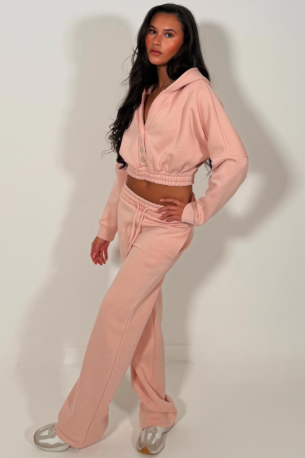 button up crop hoodie and wide leg joggers tracksuit set styledup