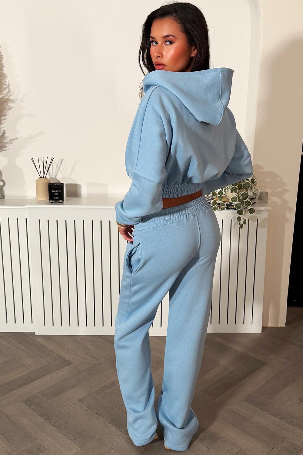 womens crop button up hoodie and wide leg joggers tracksuit set baby blue