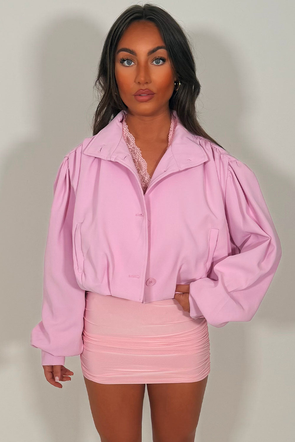 womens funnel neck beige bomber jacket styledup uk
