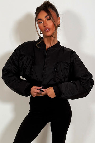 Styling Black Bomber Sweater Women's Crop Bomber Jacket With - Main Image