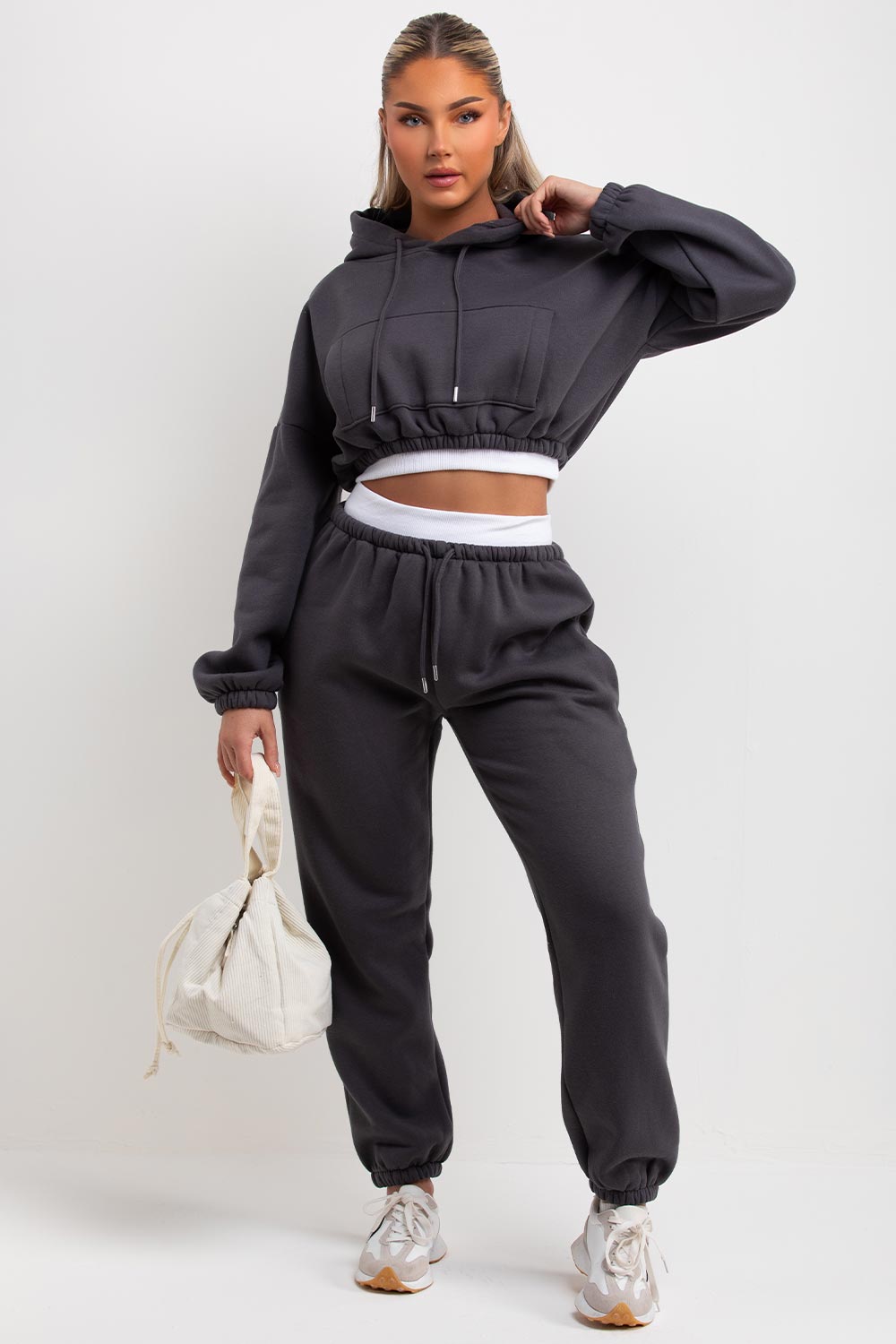 womens tracksuit crop hoodie and joggers set sale