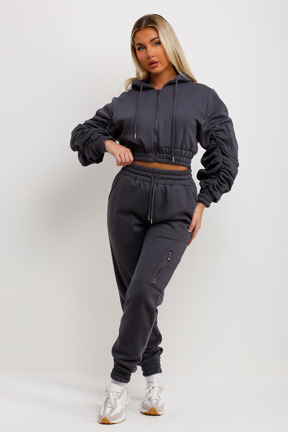 womens ruched cropped tracksuit co ord set