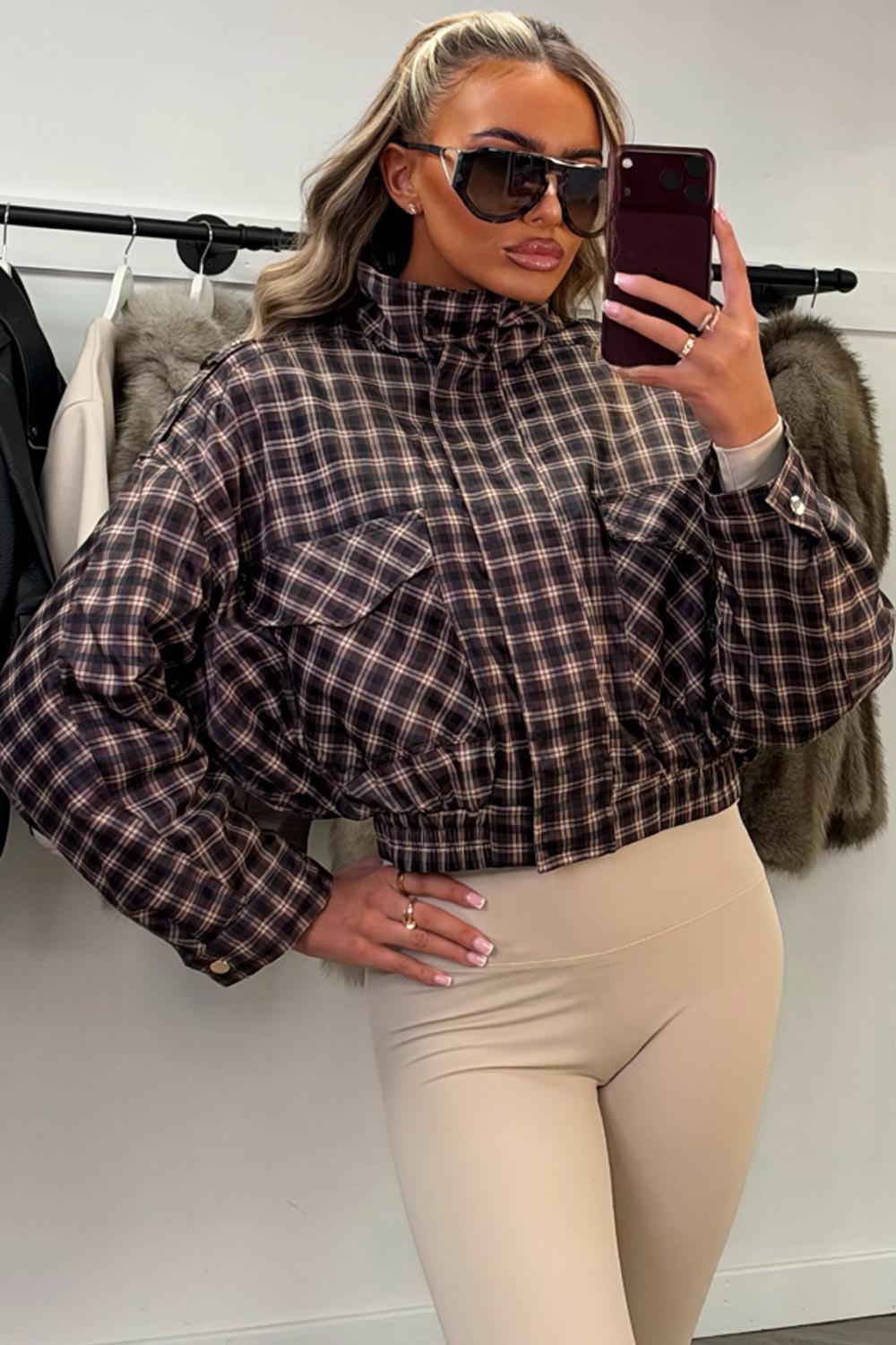 cernucci brown check nylon jacket for womens