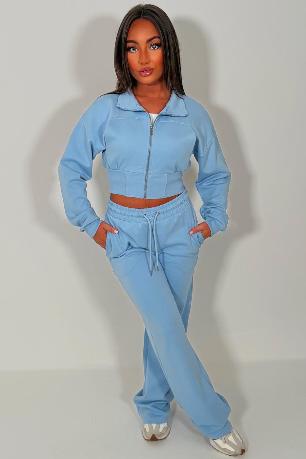 womens sky blue crop sweatshirt and wide leg joggers tracksuit airport outfit casual everyday outfit styledup uk