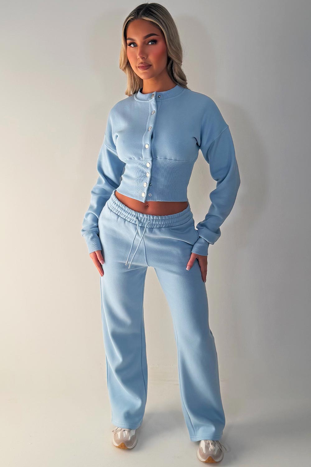 womens crop compress waist button up sweatshirt and wide leg jogger two piece tracksuit set loungewear baby blue co ord