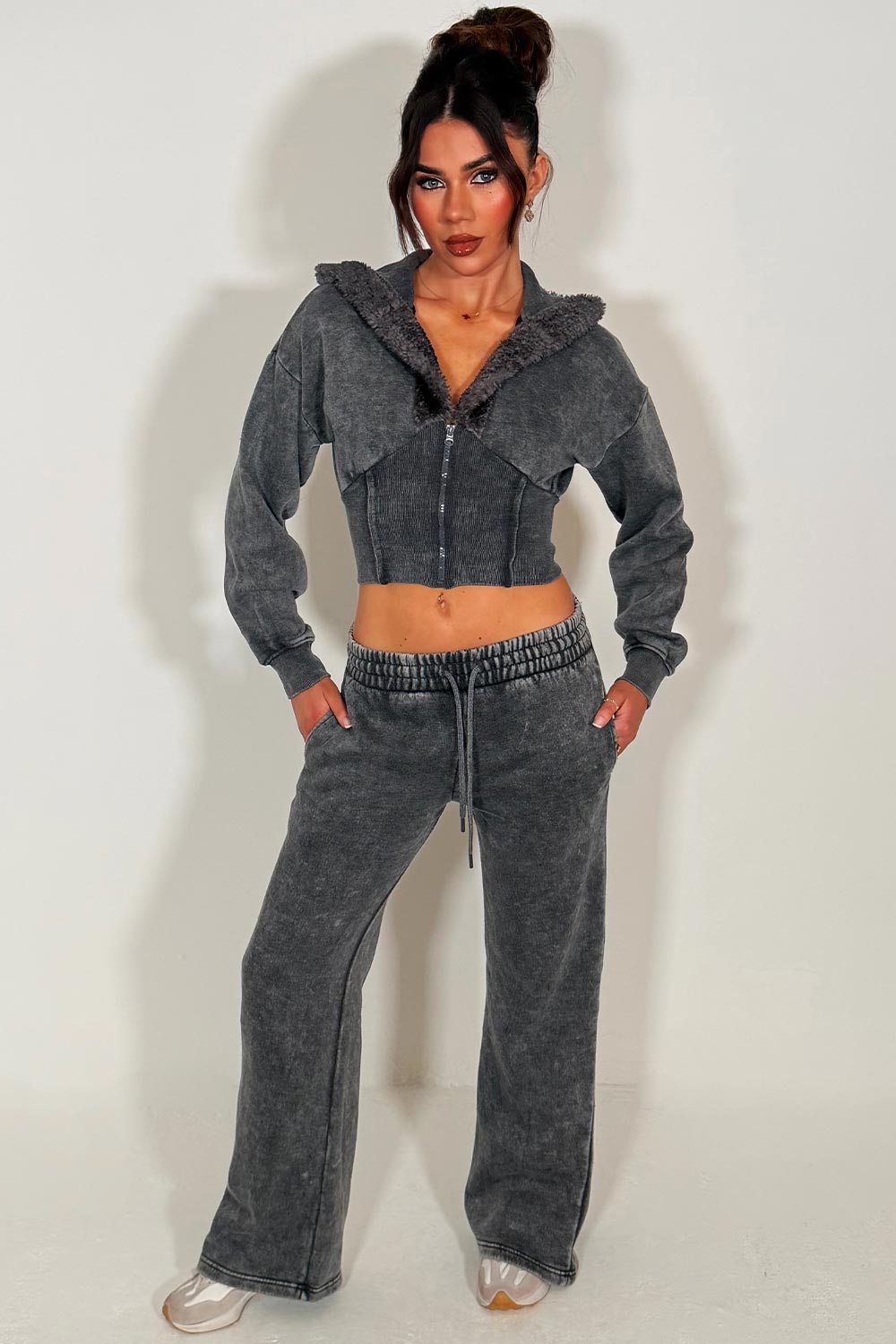 womens crop corset hoodie and joggers tracksuit set airport outfit styledup
