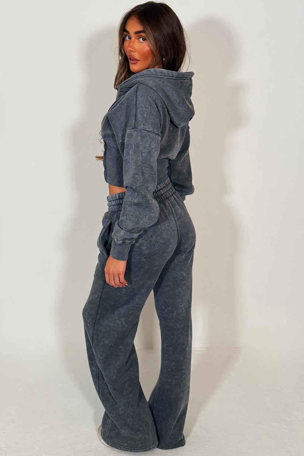 womens bomber zip up sweatshirt and flare joggers tracksuit set grey acid wash airport outfit styledup
