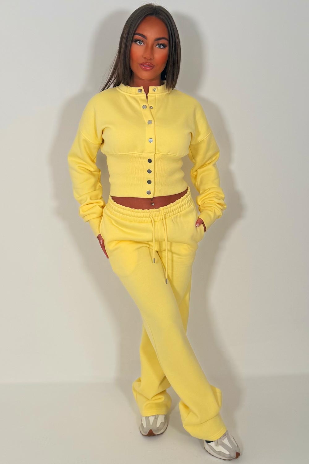 womens button up waist compress crop sweatshirt and joggers loungewear co ord set styledup casual comfy airport outfit set