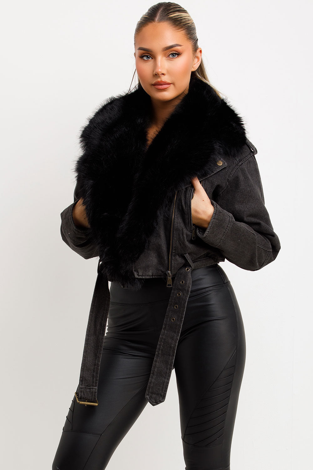 black faux fur collar denim aviator jacket styledup