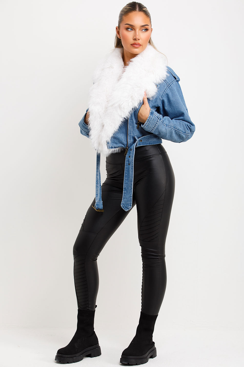 faux fur collar denim aviator jacket styledup