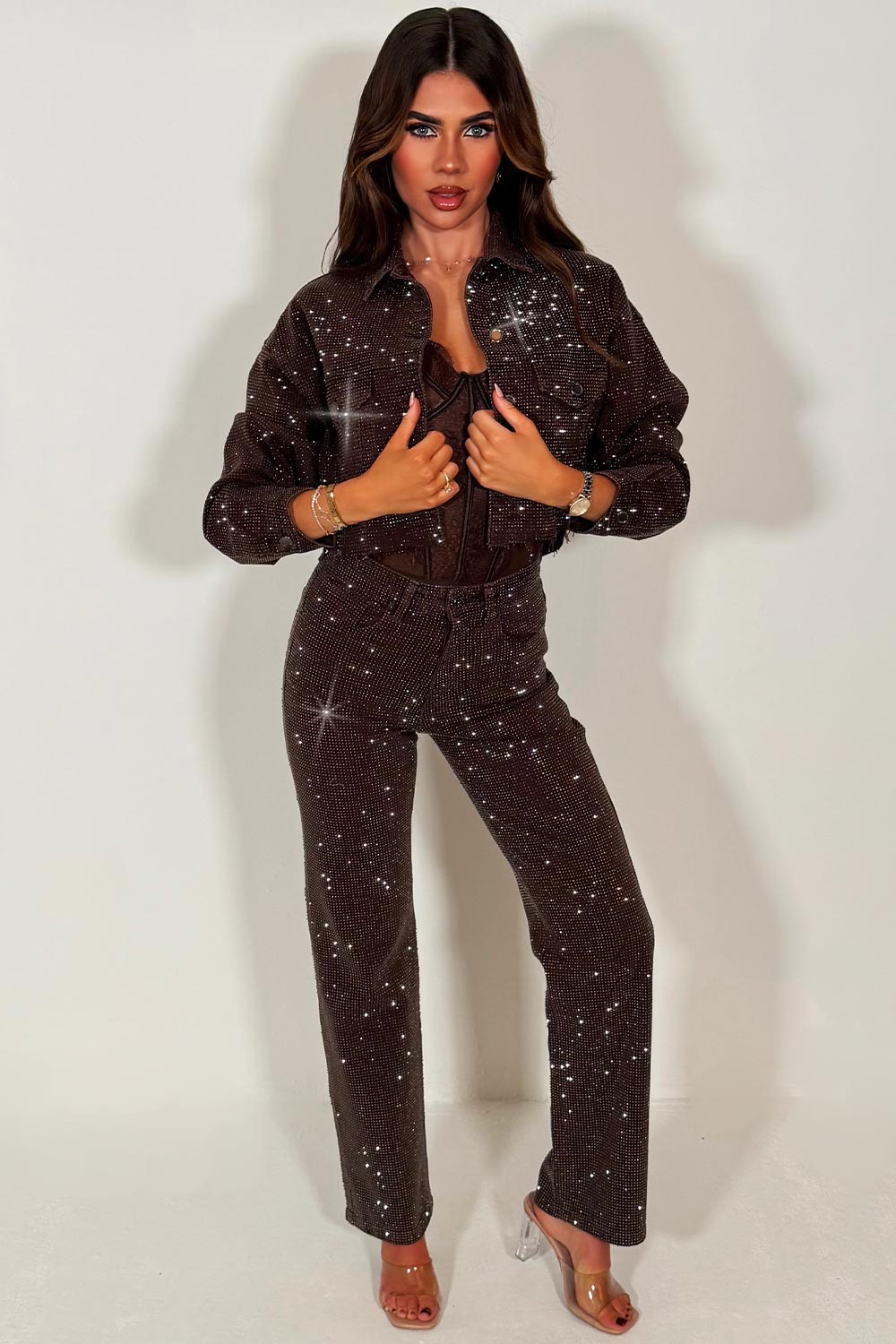 zara womens diamante crop denim brown jacket