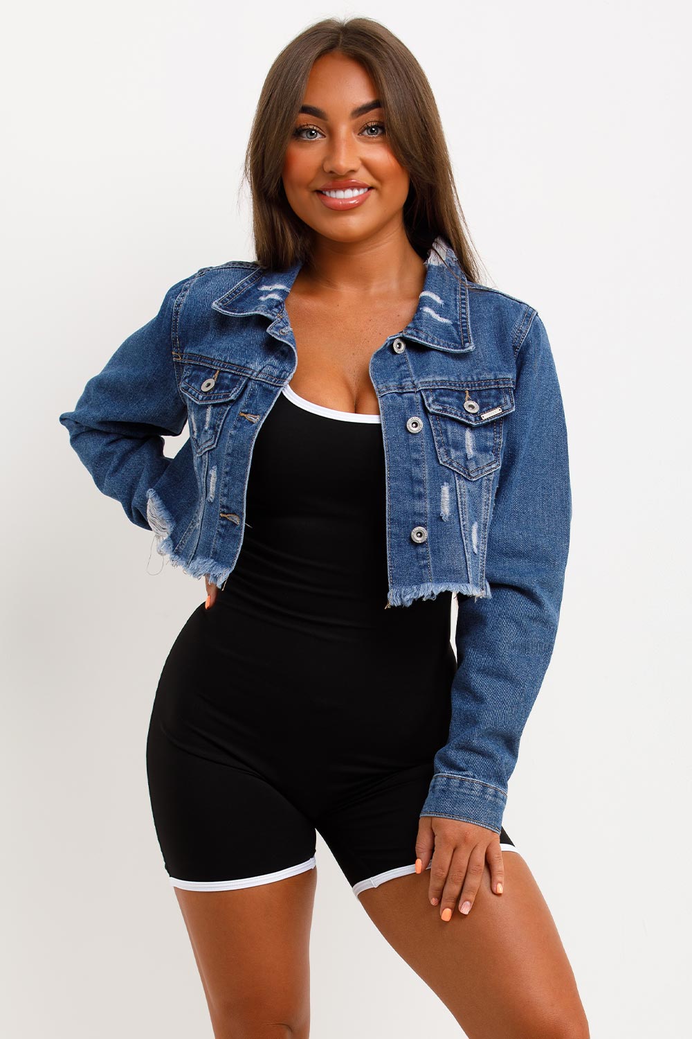 crop denim jacket with distressed hem