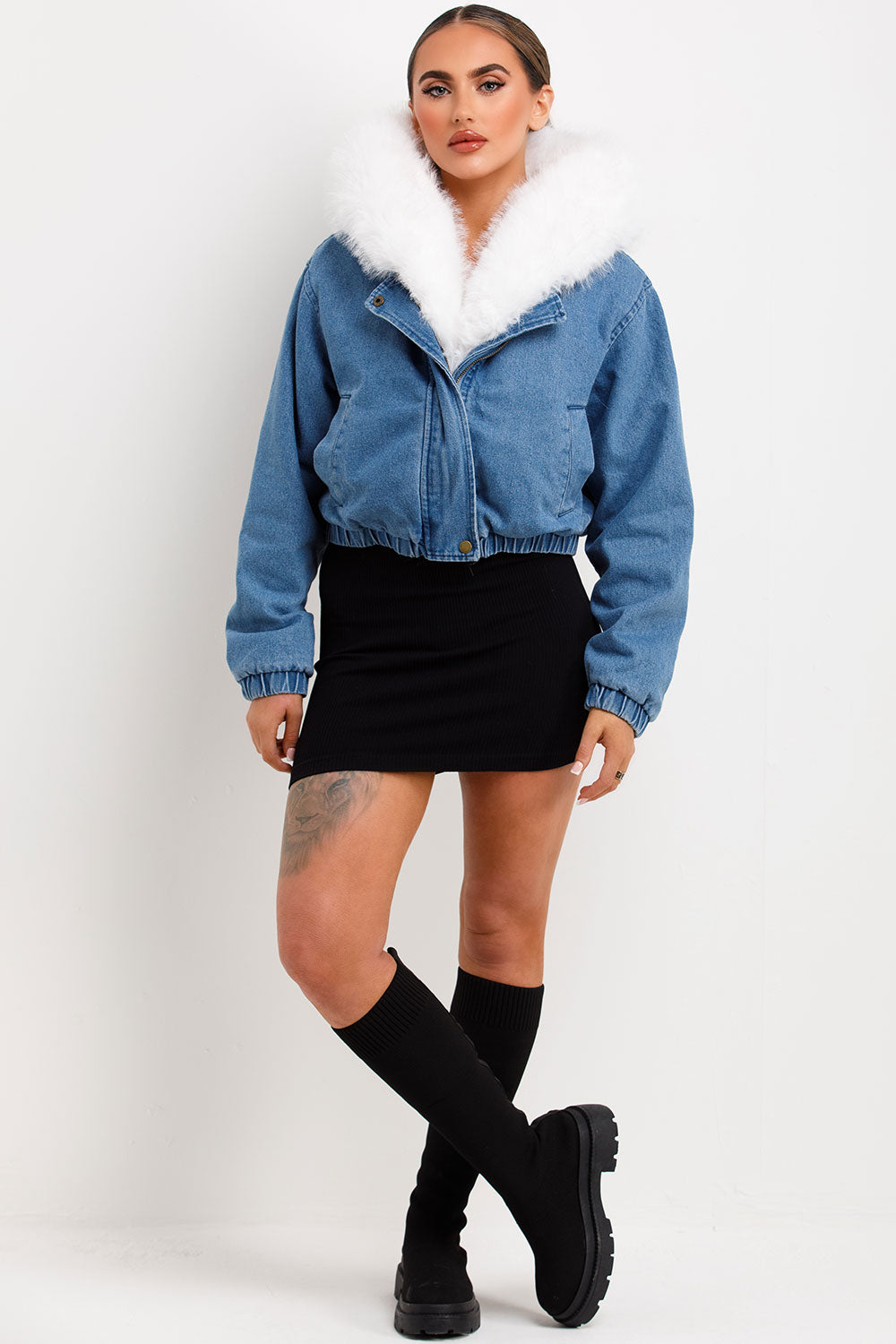 womens white faux fur hood denim jacket sale uk styled up coats and jackets