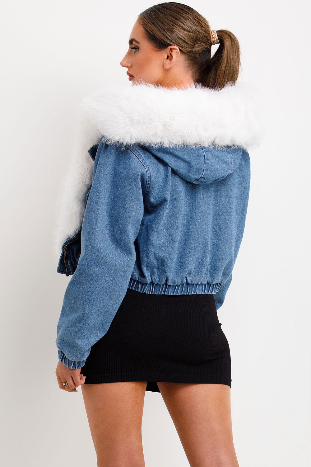 womens denim jacket with fur hood styledup