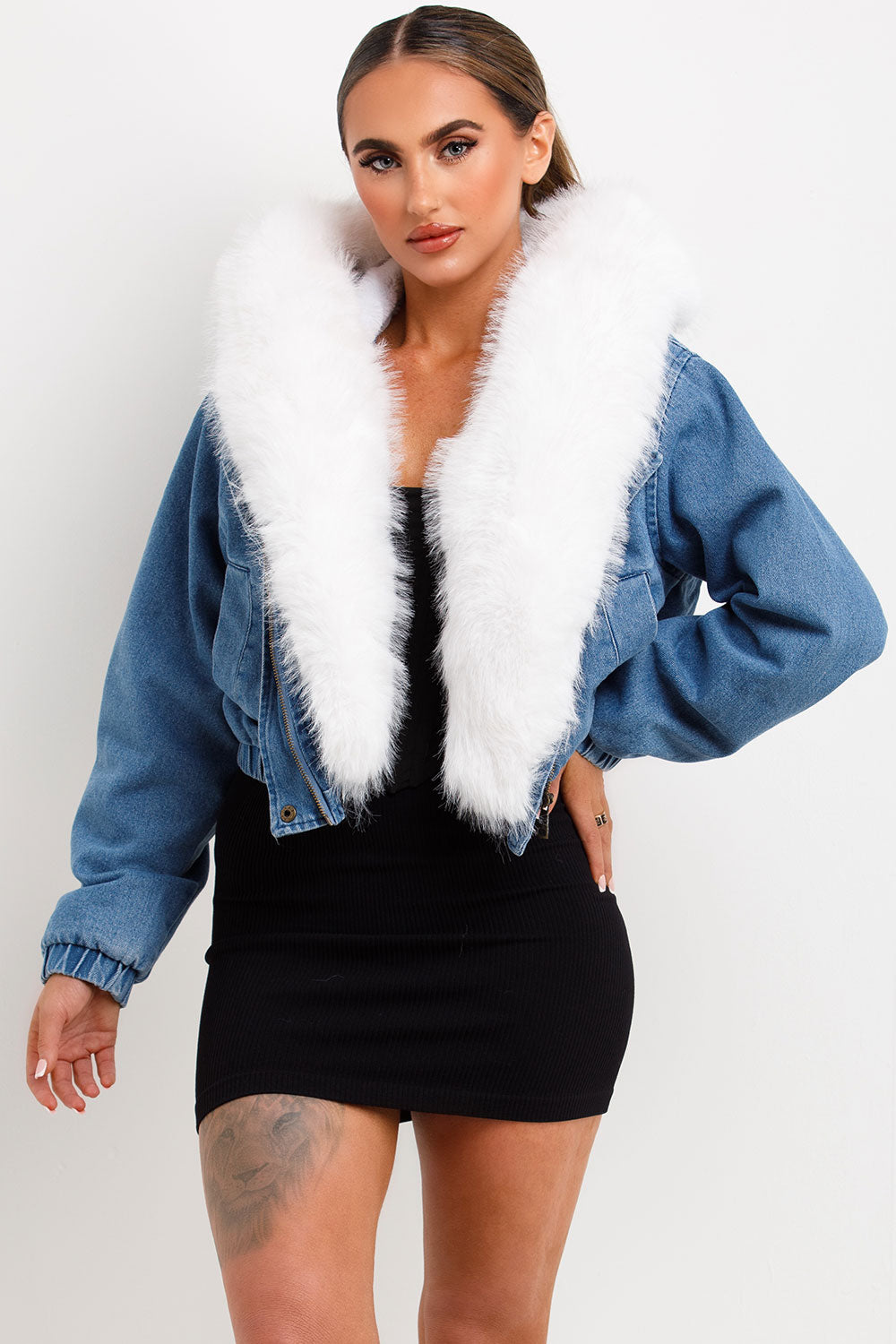 white faux fur hood denim bomber jacket styledup