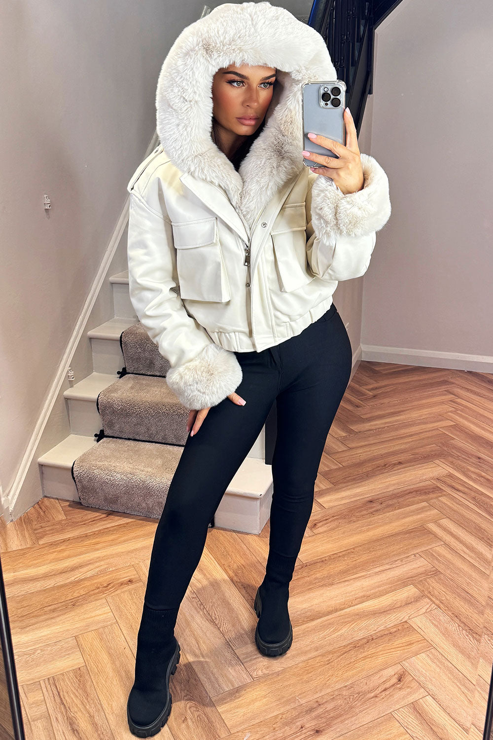 faux fur hood faux fur trim short bomber jacket with fur cuff styledup