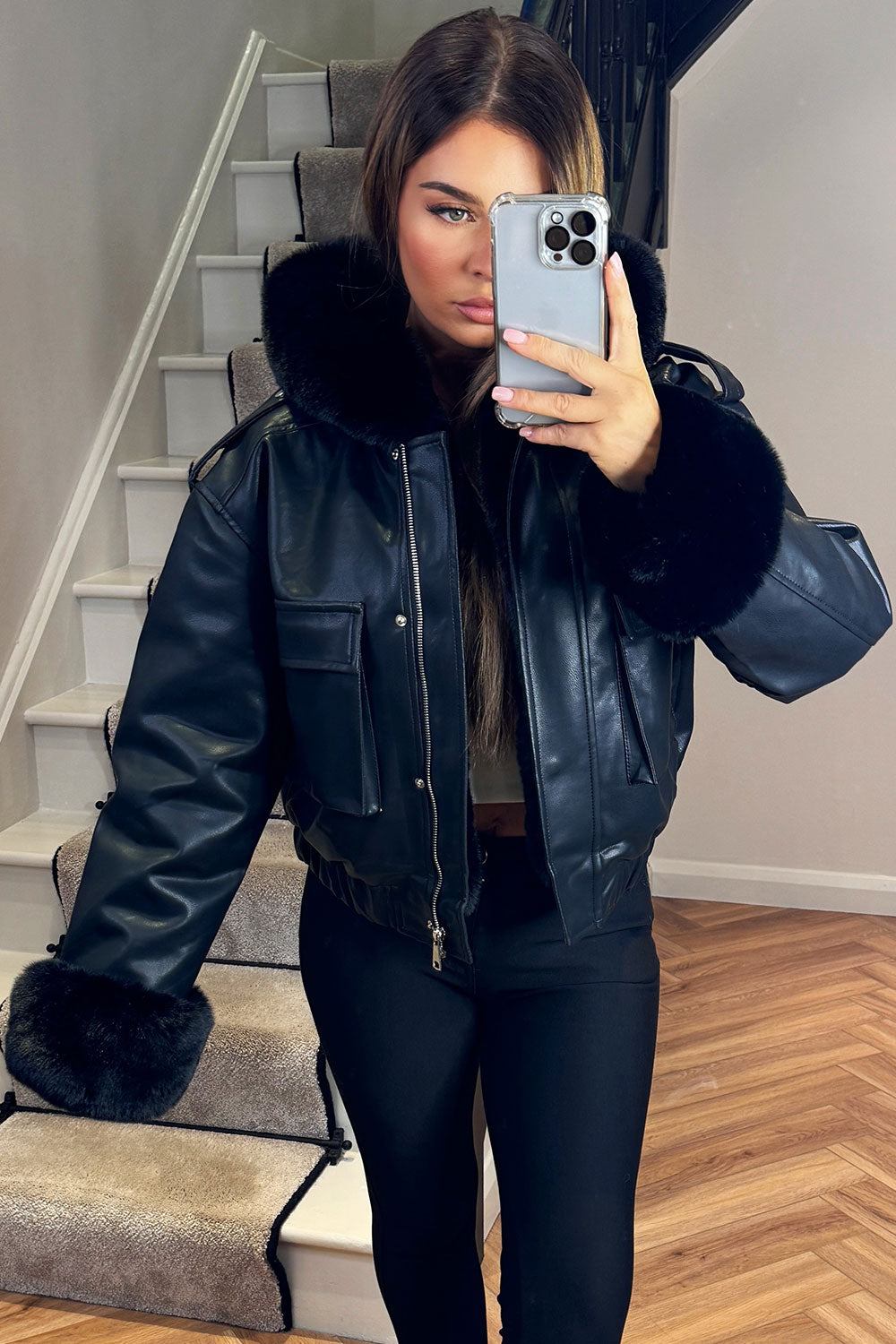 faux fur hood faux leather bomber jacket with fur cuff