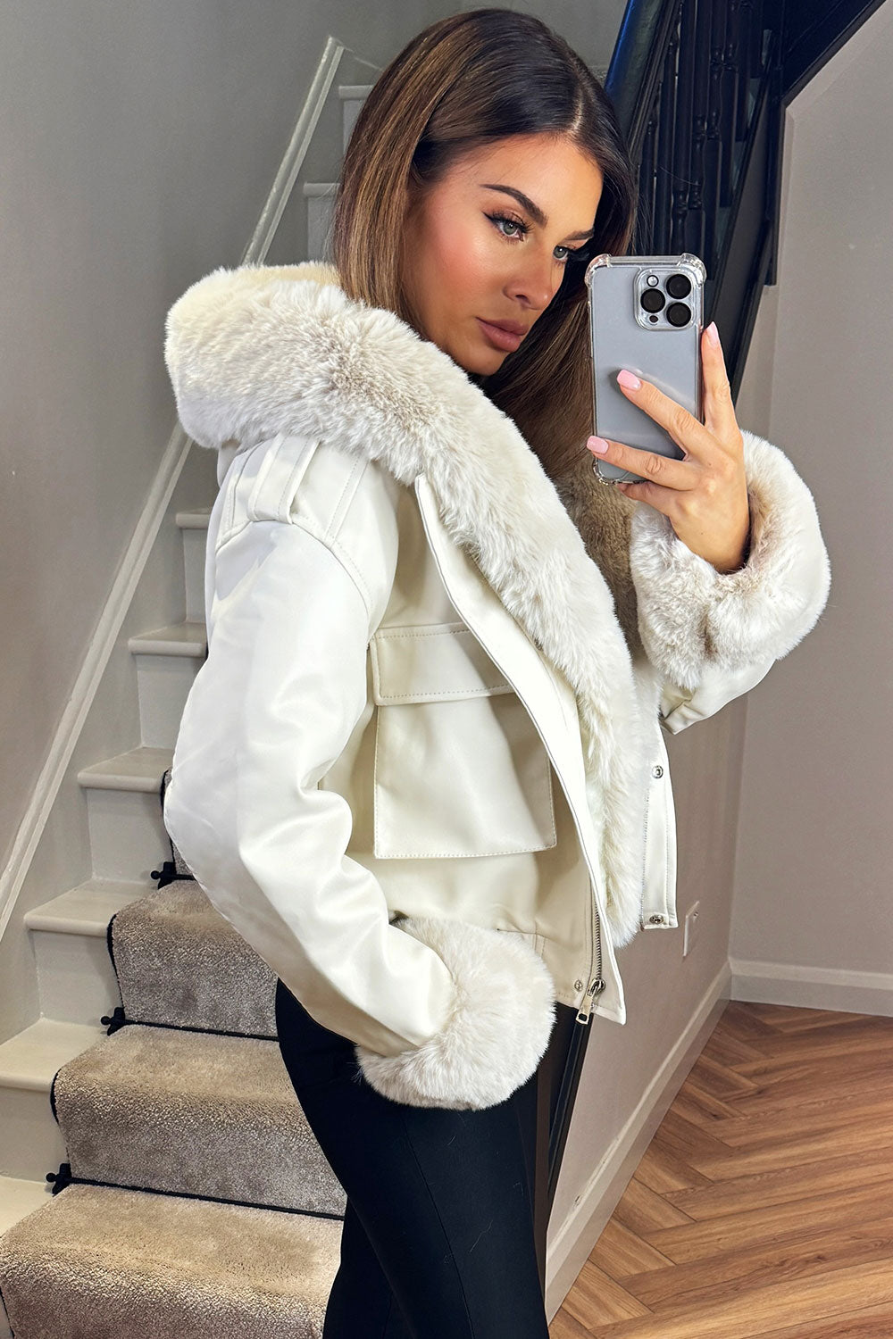beige faux fur bomber jacket with faux fur hood and cuff styledup