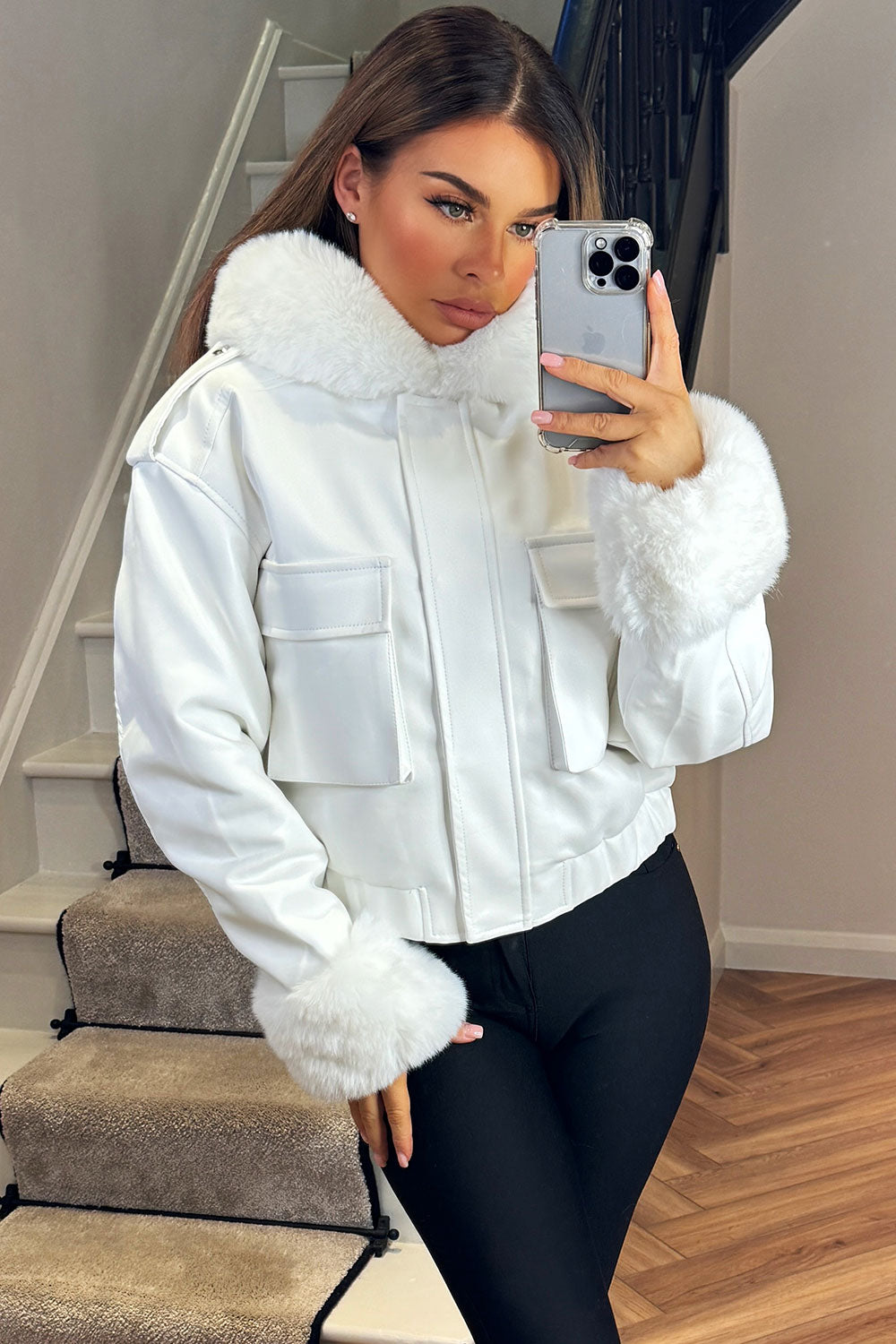 faux fur faux leather bomber jacket with fur cuff