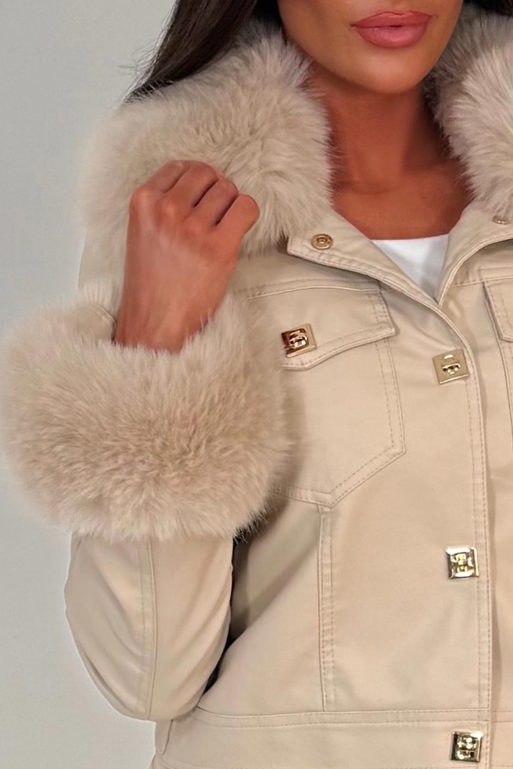 faux fur cuff and collar faux leather bomber jacket with gold buttons styledup womens outerwear christmas outfit