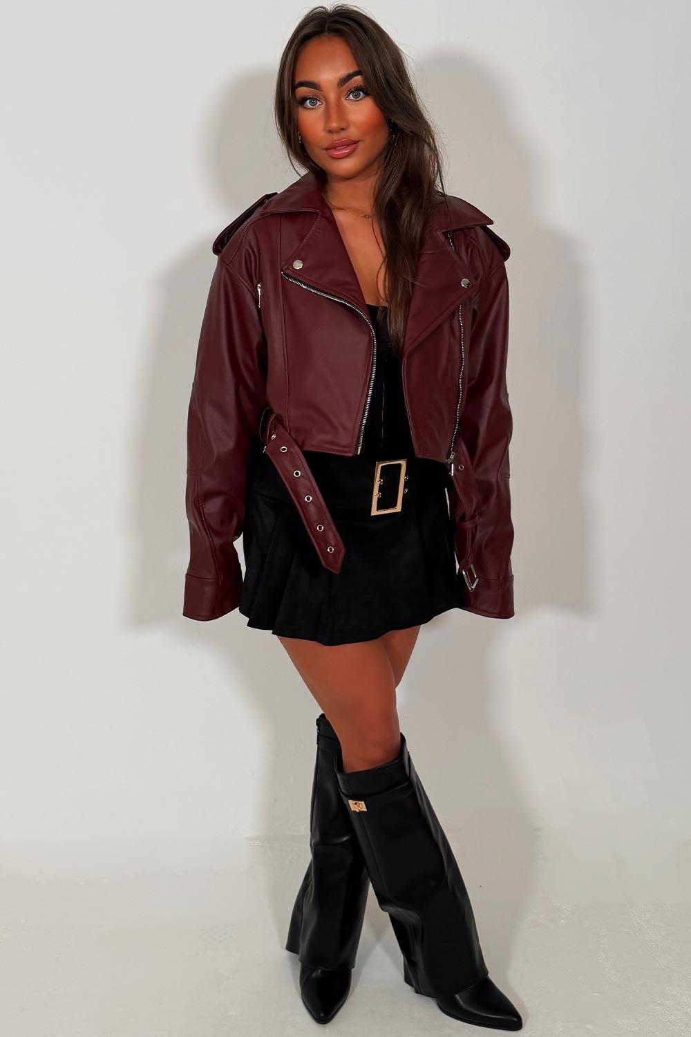 zara faux leather jacket with belt burgundy