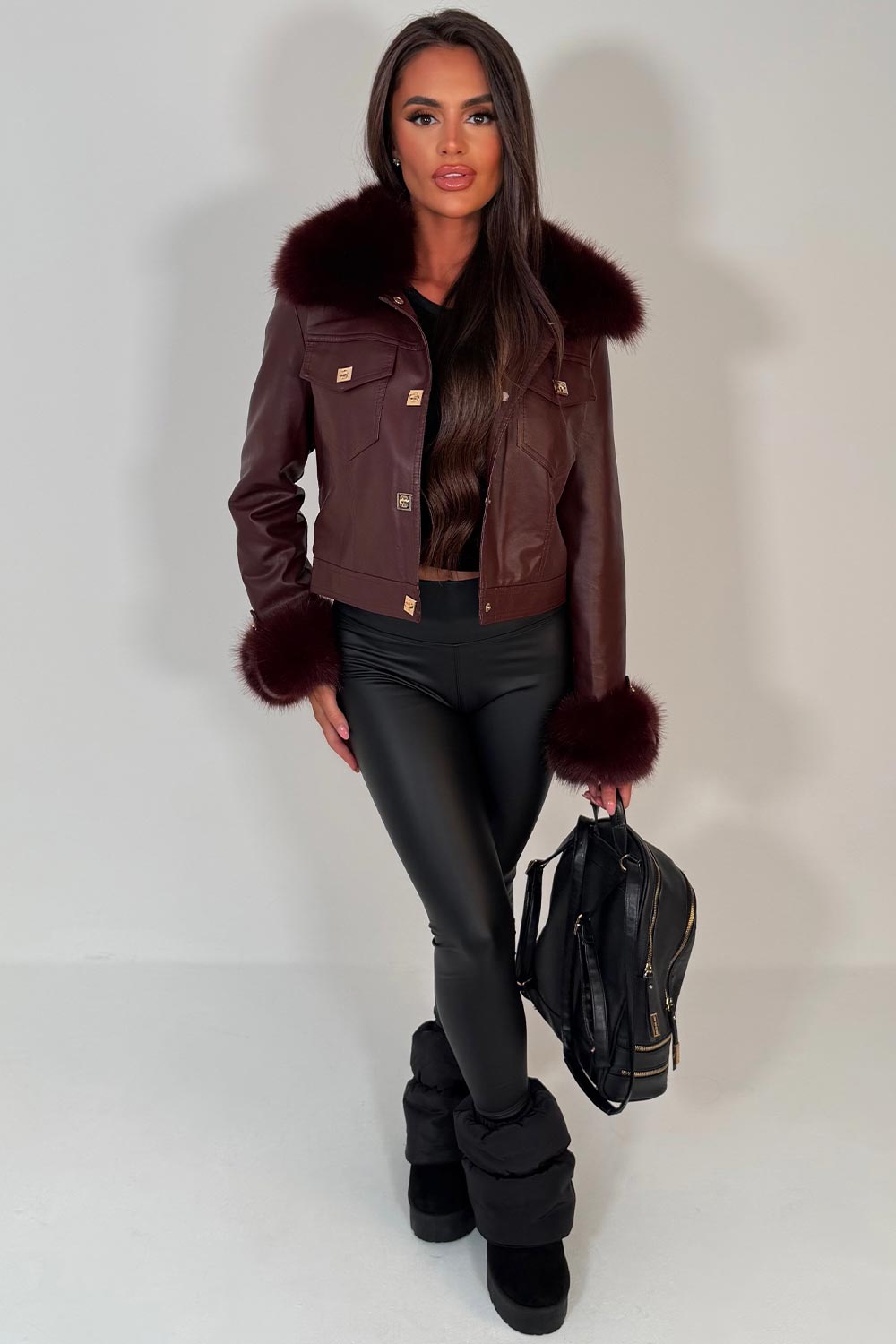 gold button faux leather bomber jacket with faux fur cuff and faux fur collar styled up womens outerwear