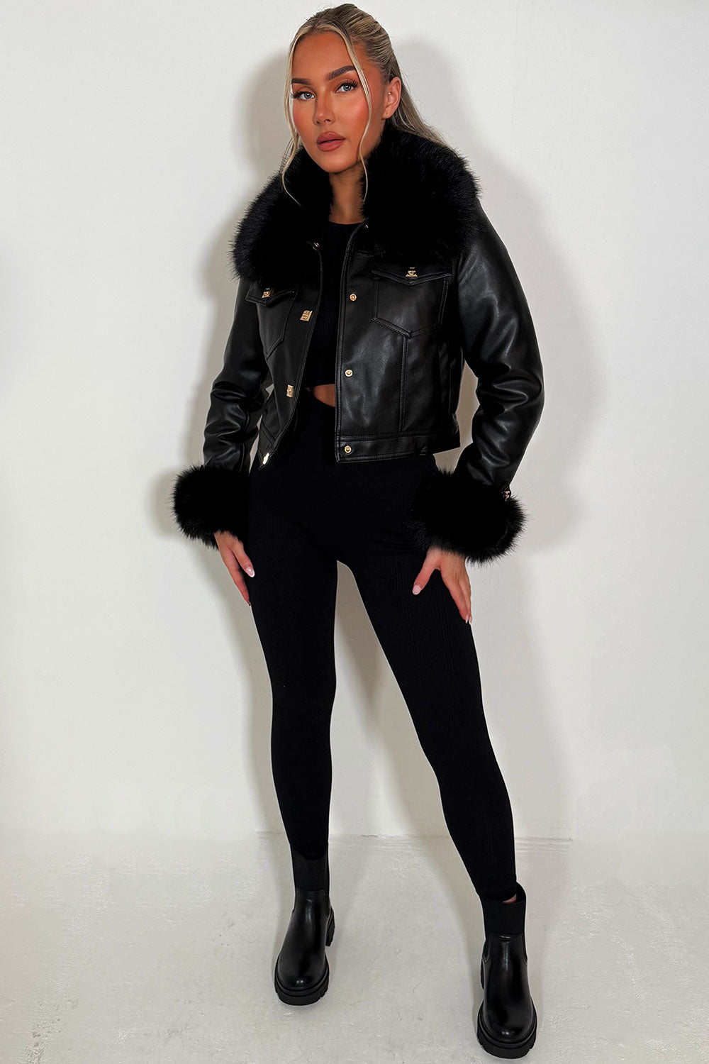 womens fur cuff and collar faux leather jacket with gold buttons styled up