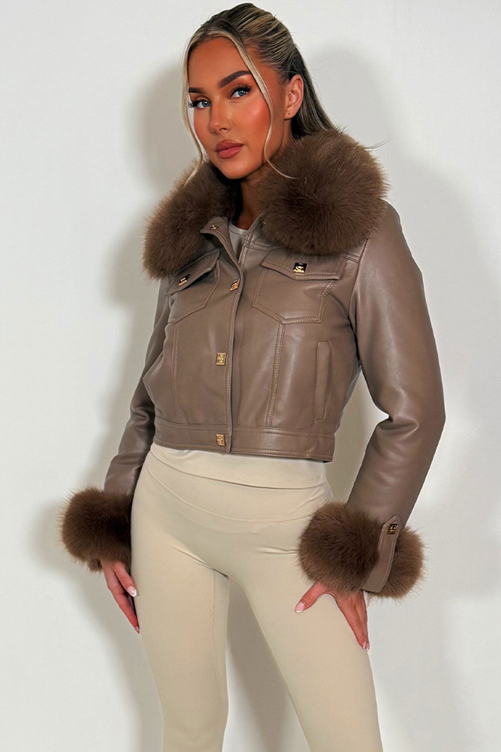 fur cuff and collar faux leather jacket with gold buttons styled up womens