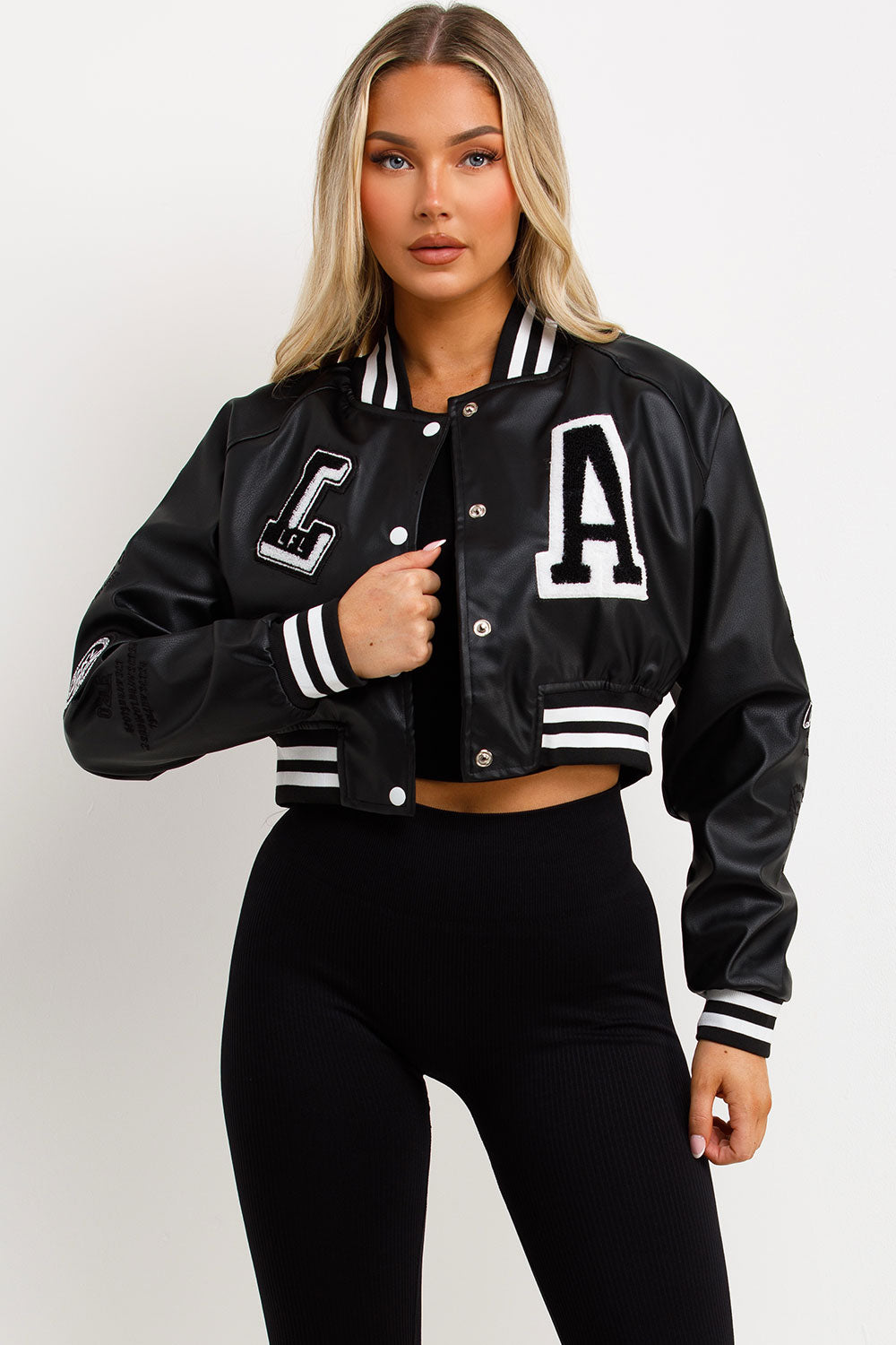 womens la varsity bomber jacket faux leather