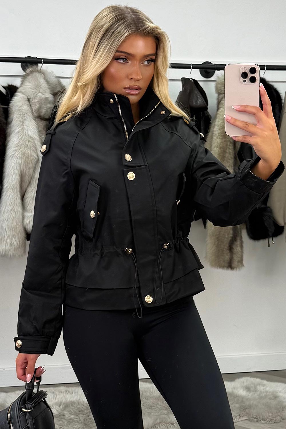black funnel neck jacket with drawstring waist styledup uk