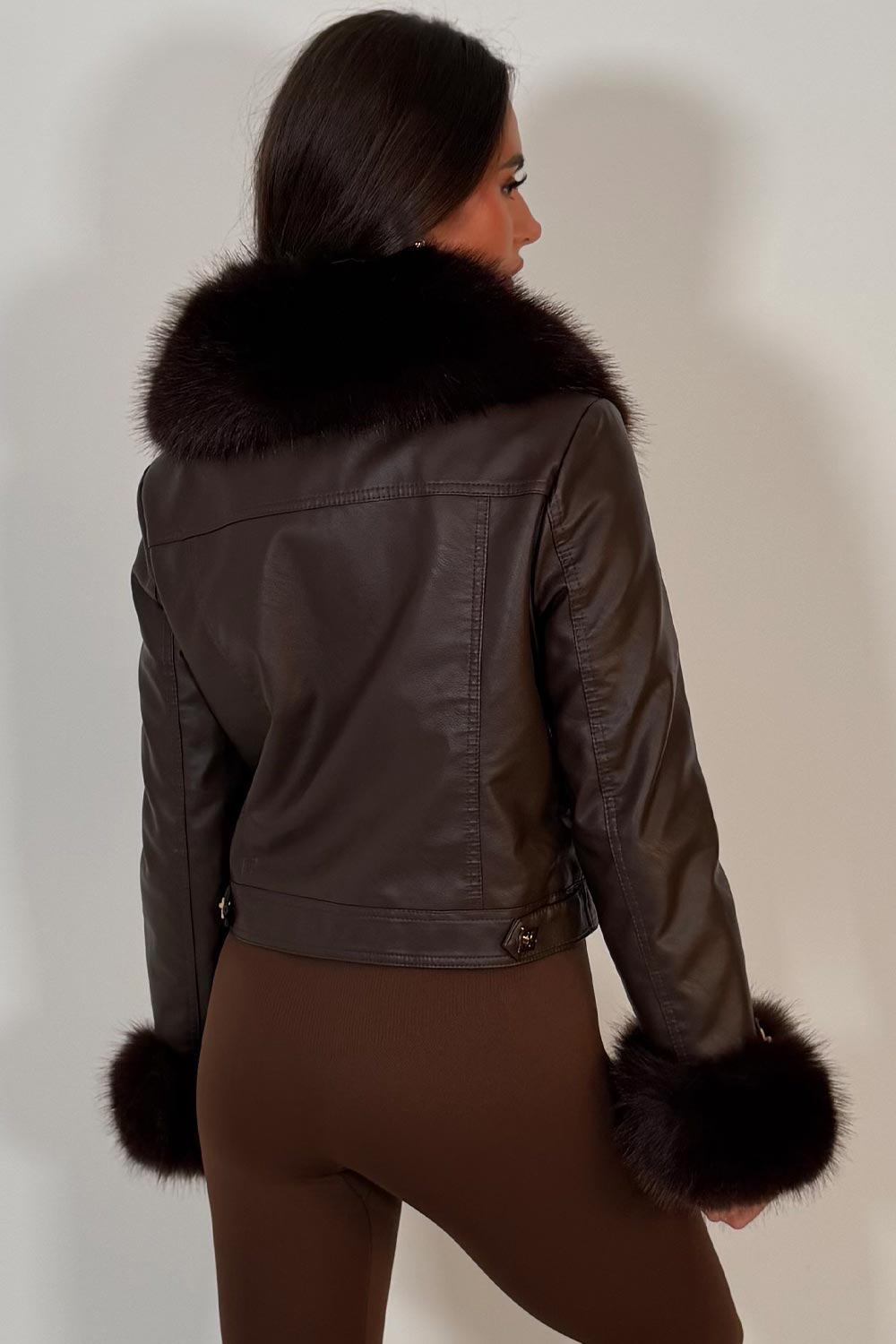 womens brown fur cuff and collar faux leather jacket with gold buttons styled up