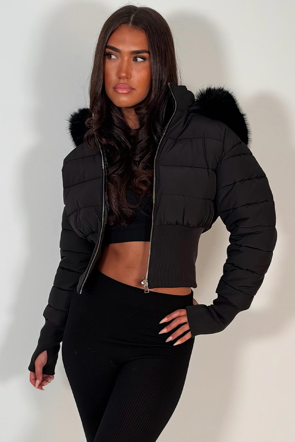 faux fur hood padded puffer winter jacket black styledup uk