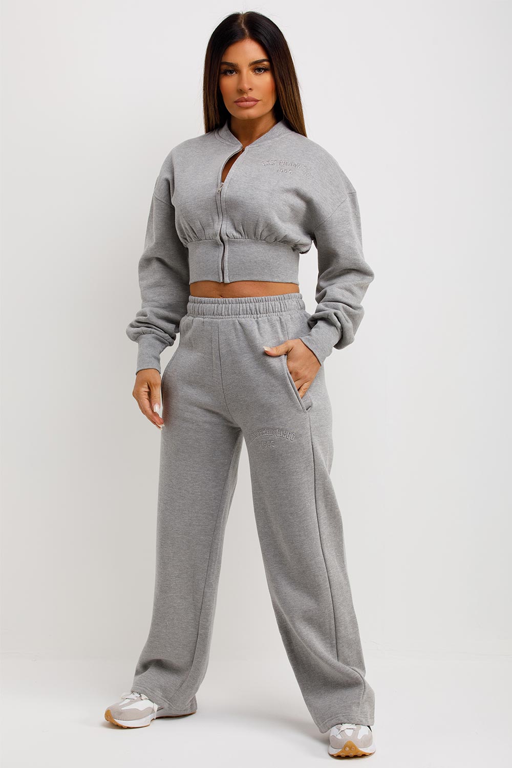 womens crop tracksuit with straight leg joggers