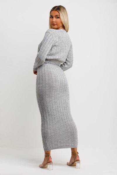 Vintage Gray Knit Jacket Vest & Maxi Skirt Three Piece Set